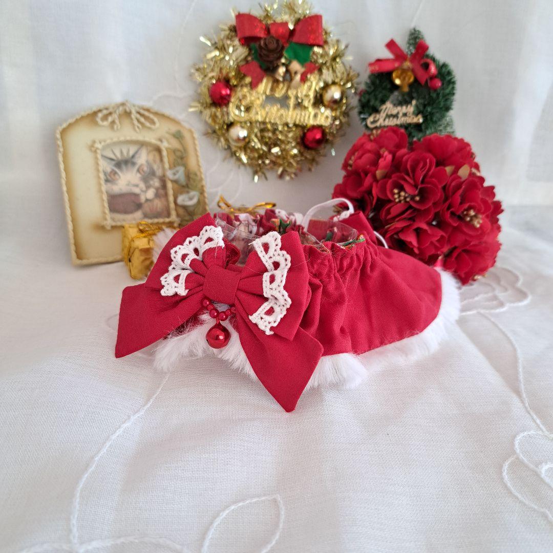 クリスマス幅広ファーシュシュ(赤くまさん)わんちゃん猫ちゃん用