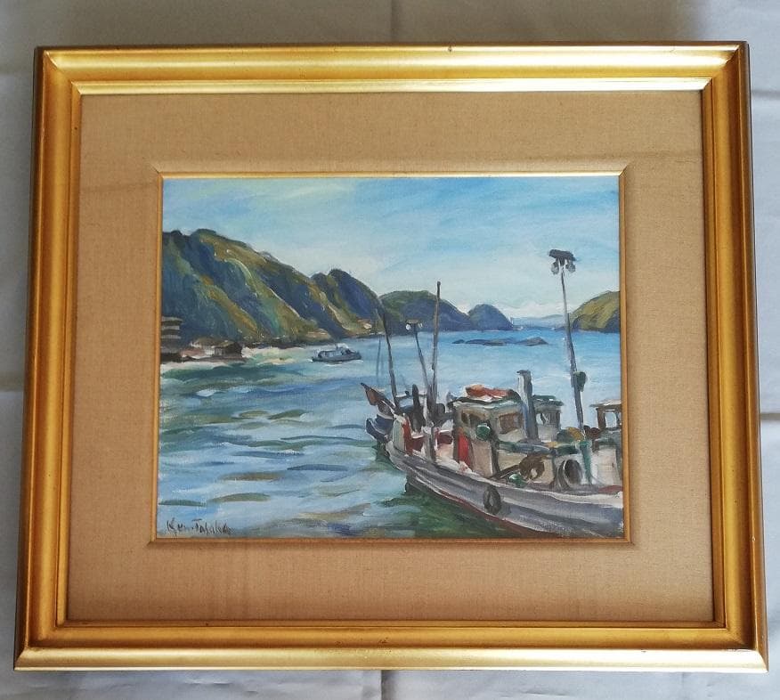 田坂乾油彩南紀漁港額サイズ（約６１０Ｘ５３５ｍｍ）サイン有