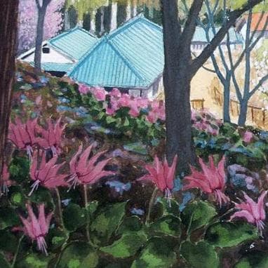 絵画「森はカタクリの花盛り」　水彩画