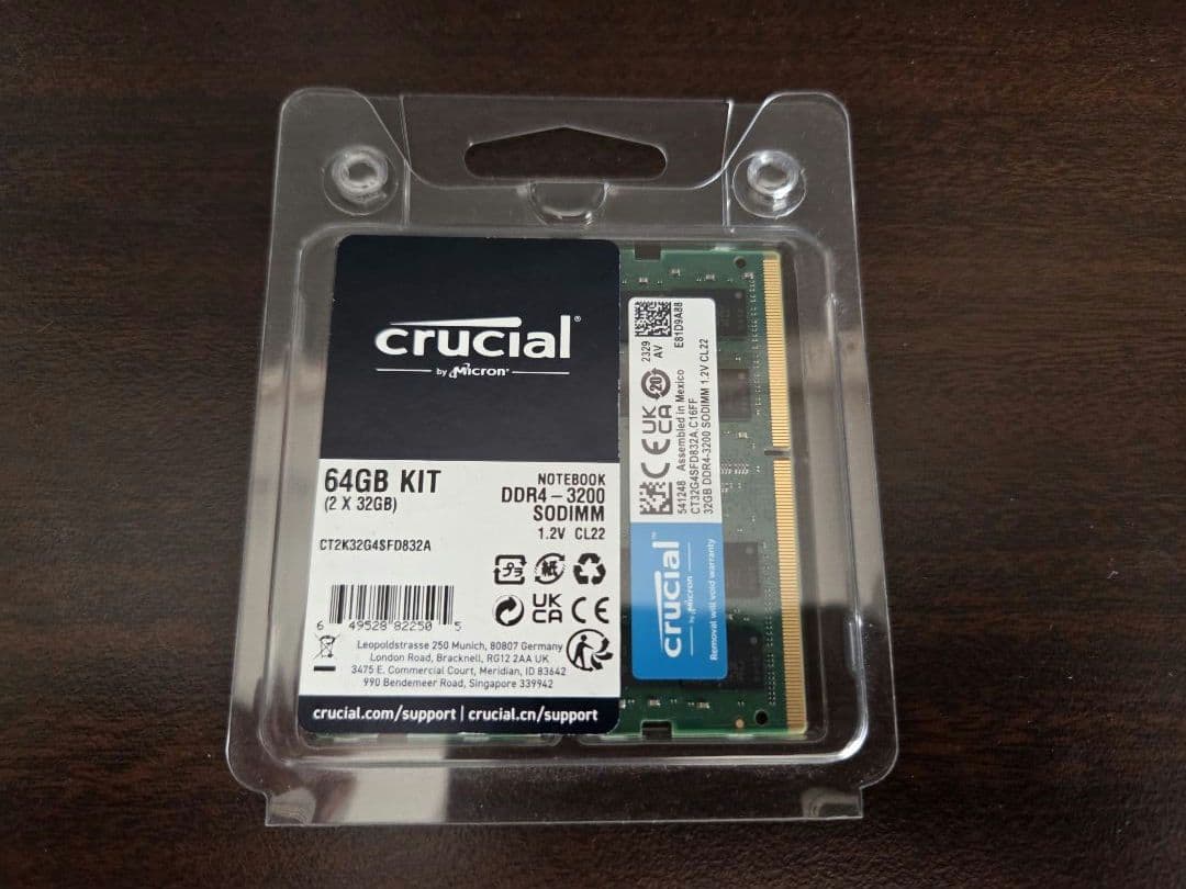 Crucial DDR4-3200 64GBセット SODIMMメモリ