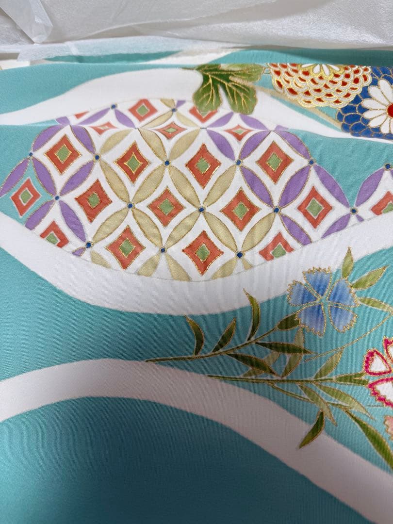 美術友禅振袖　吉祥立涌四季草花別誂え証書付き　長襦袢　新品袋帯