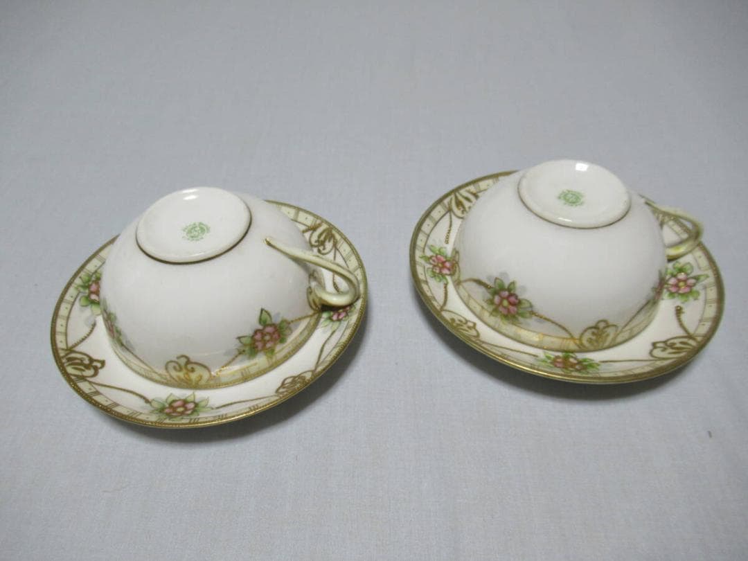 極希少美品 大正時代米国向け◆オールドノリタケ 金彩花柄 カップ&ソーサー 2客