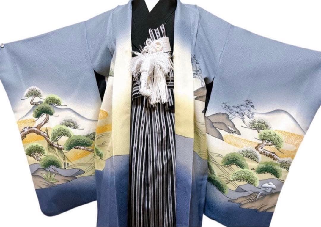 5歳用　縦縞袴　七五三　5歳　男の子　フルセット　一式　グレー系　鷹