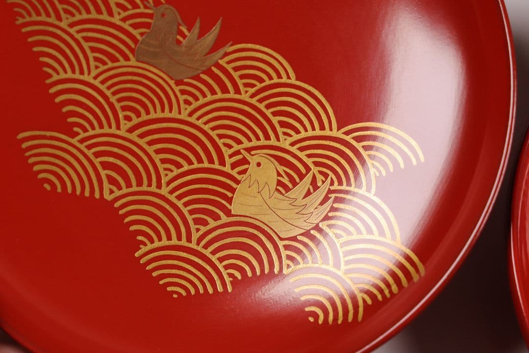 CK82 塗師 辻石斎 盃蓋吸物椀 四客 朱塗 黒塗 波に鳥 金蒔絵 木製漆器