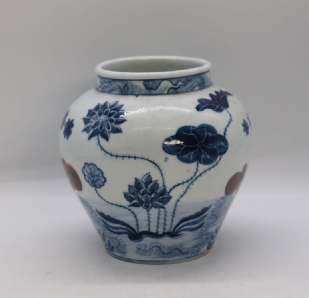 中国　青華釉裏紅　魚紋壺　送料込み251008