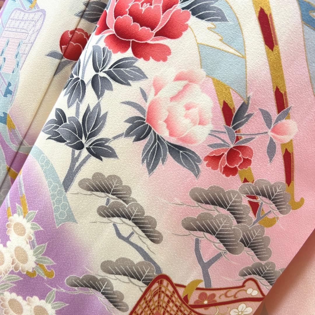 392 振袖フルセット 正絹 薄桃 薄紫 白 ピンク ラベンダー 金彩 暈し染め
