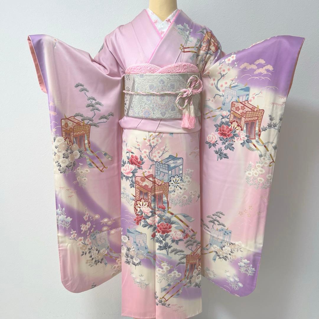 392 振袖フルセット 正絹 薄桃 薄紫 白 ピンク ラベンダー 金彩 暈し染め