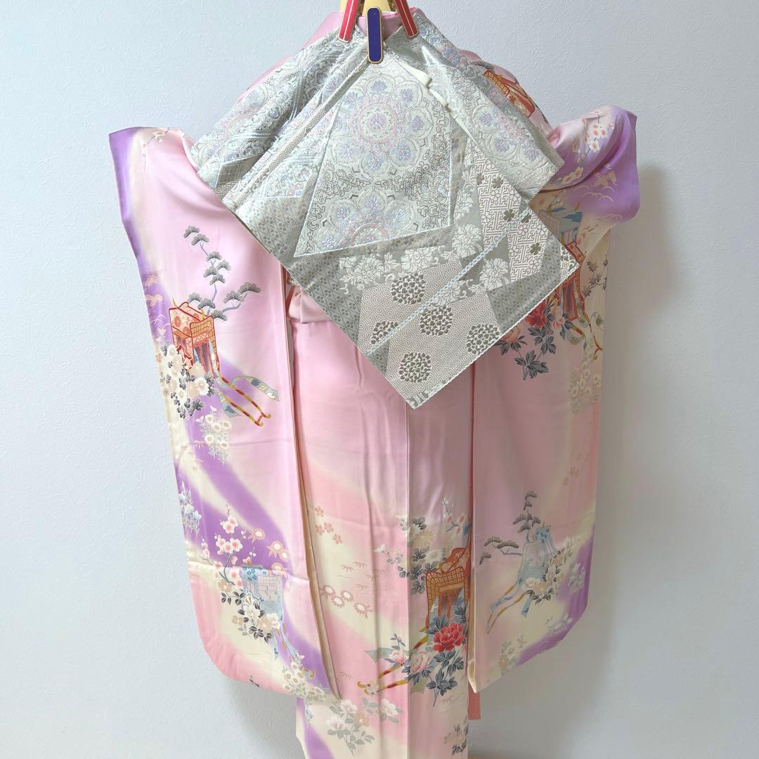 392 振袖フルセット 正絹 薄桃 薄紫 白 ピンク ラベンダー 金彩 暈し染め