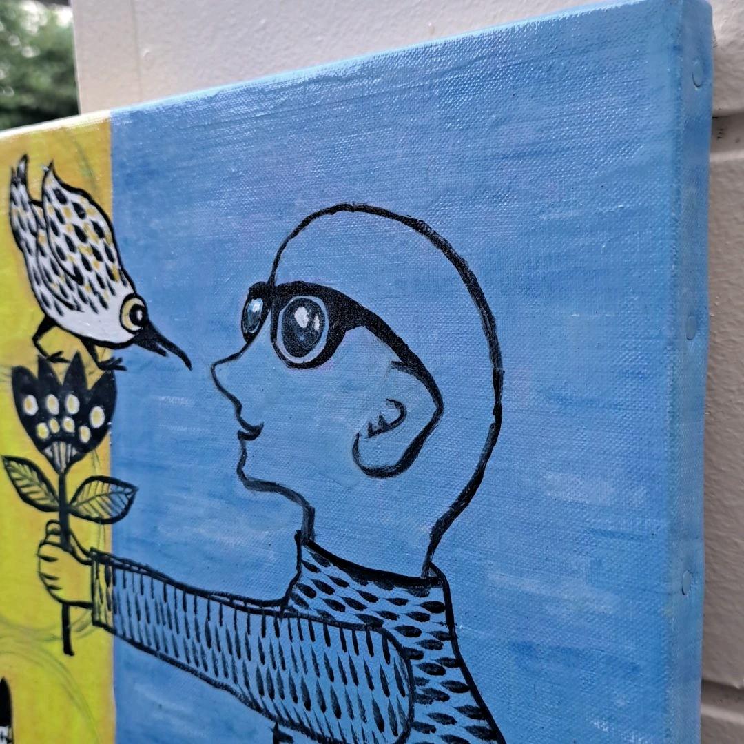 キャンバス油絵　専用　鳥とお花とおじさんと