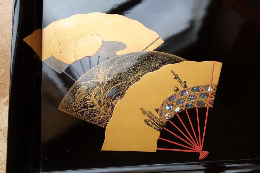 木製　螺鈿　古い黒塗吸物膳5客　足付　三重扇面蒔絵　金銀蒔絵　茶懐石　漆器　花鳥