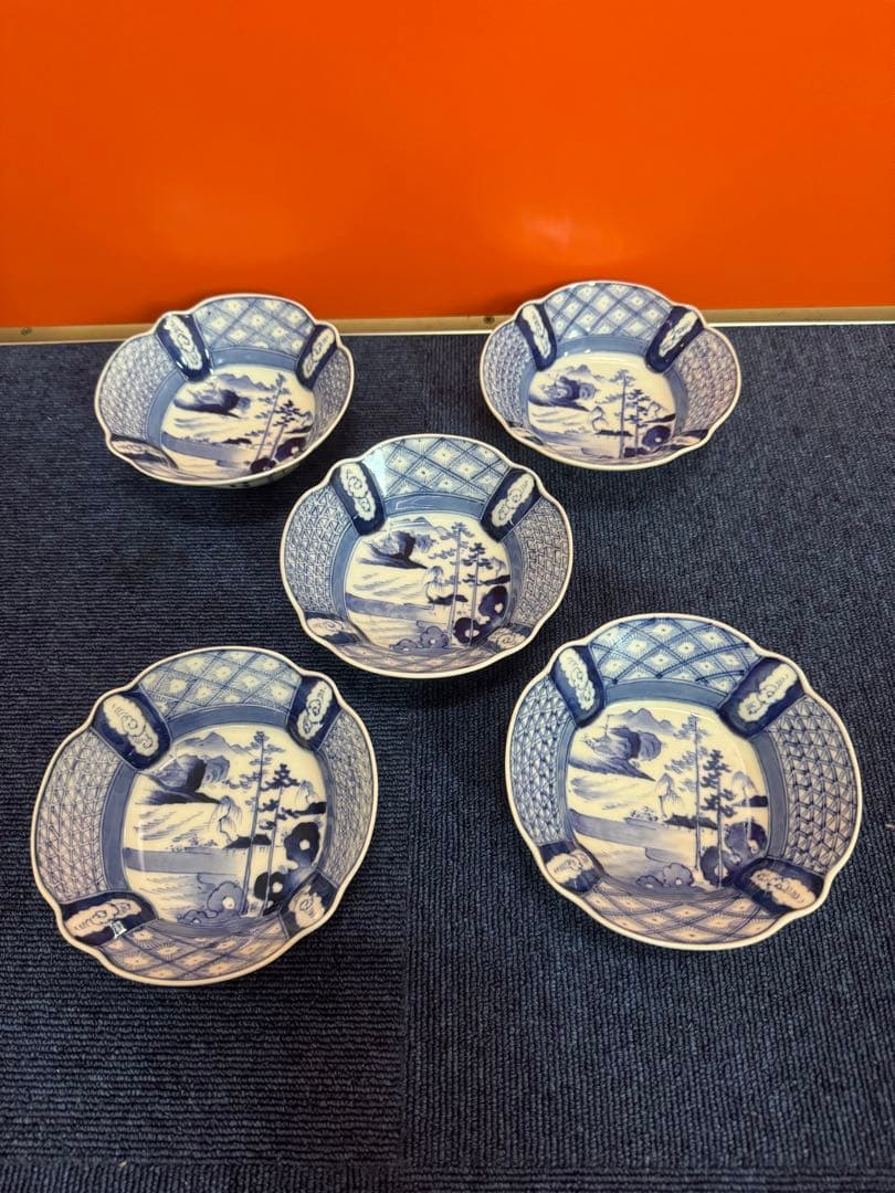 1858  古伊万里　染付山水　大明成化年製銘　皿　5客　未使用