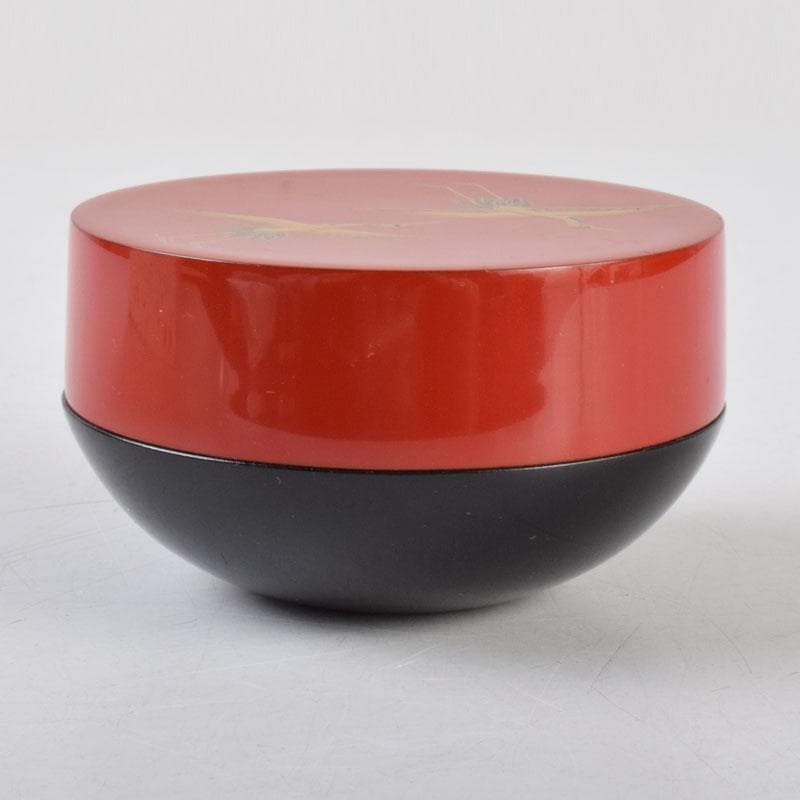 茶道具　中村湖彩作　鶴蒔絵　黒赤茶器　共箱　V　8582