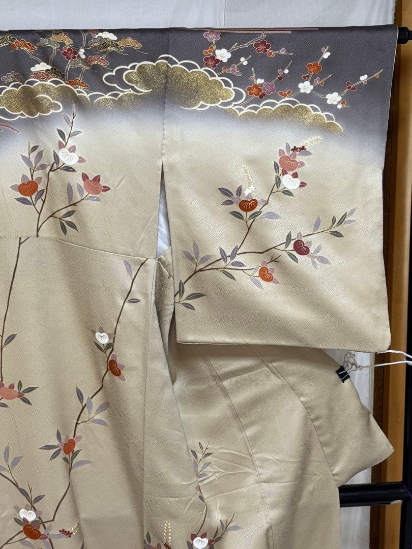 訪問着、幅広サイズ、重ね襟付き、金彩、吉兆柄、正絹.No512A