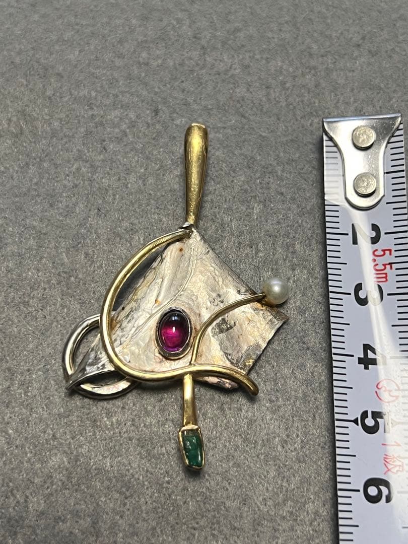 手作り一点物ペンダントトップ K18. シルバー.アメジスト エメラルド.パール