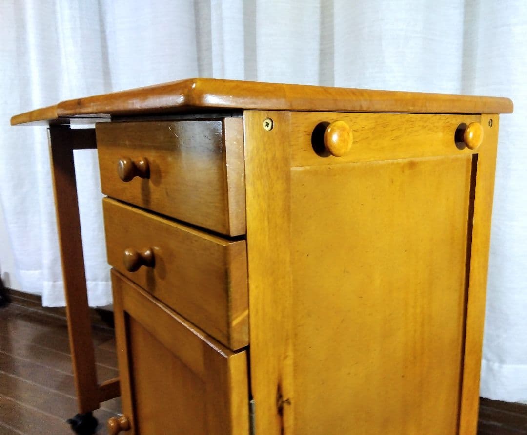 【アンティーク】収納付折畳デスク　多機能サイドテーブル　（キャスター付）匿名配送