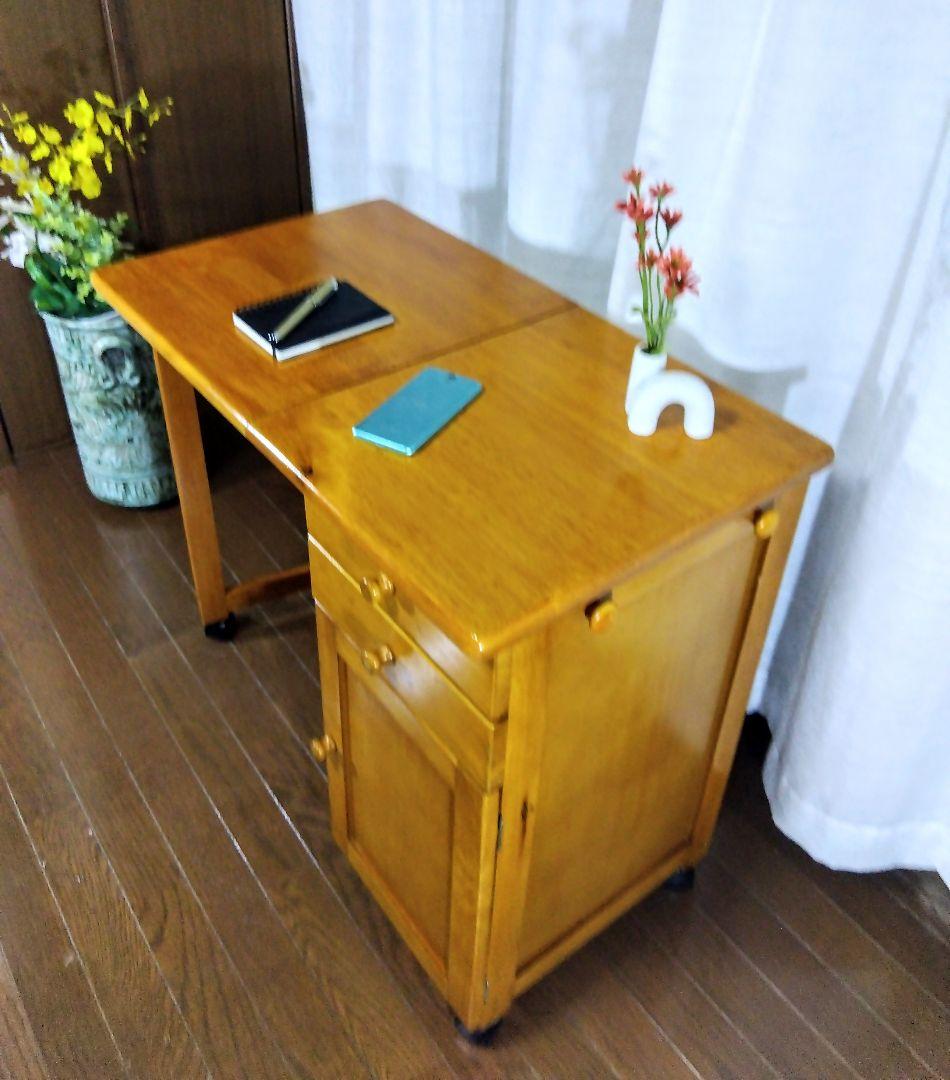 【アンティーク】収納付折畳デスク　多機能サイドテーブル　（キャスター付）匿名配送