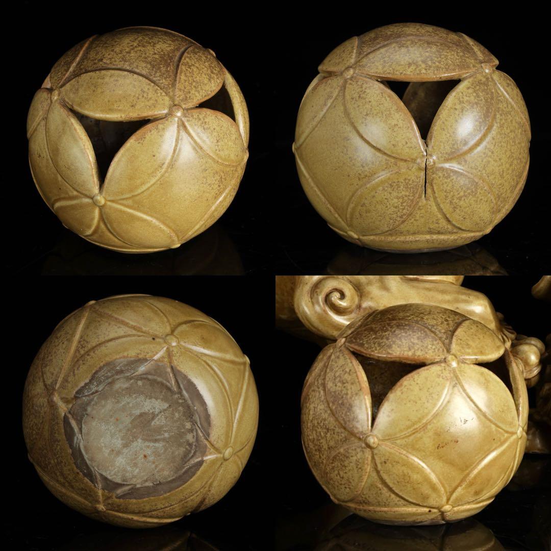 九谷焼 玉獅子 双獅子置物 一対 共箱付 24cm 唐獅子 狛犬 古美術 骨董品