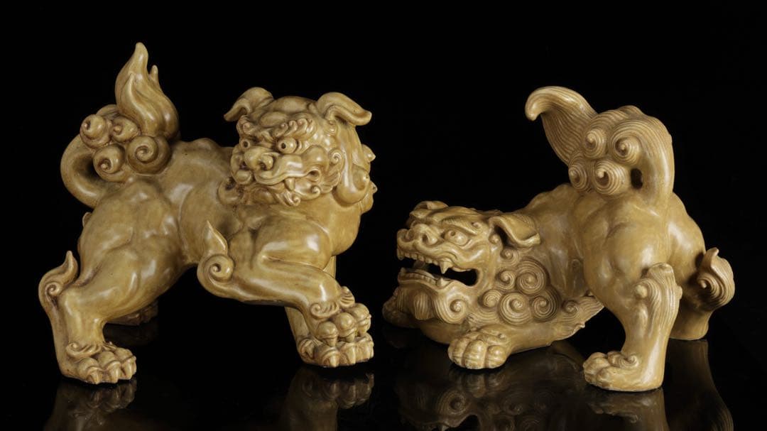 九谷焼 玉獅子 双獅子置物 一対 共箱付 24cm 唐獅子 狛犬 古美術 骨董品