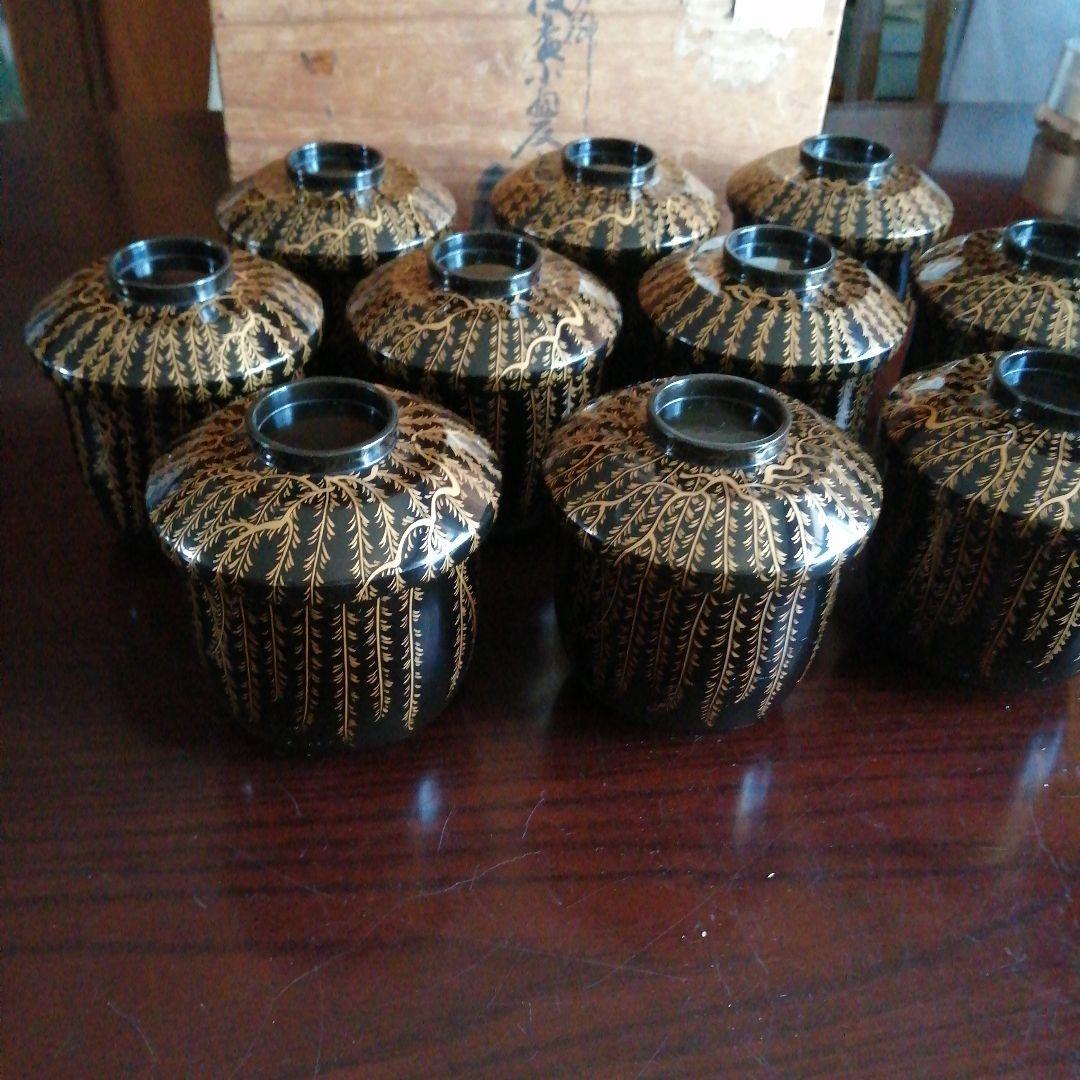 輪島塗　大崎庄右衛門　竹園自耕　金蒔絵枝垂柳紋吸物椀　10客　9cm　昭和中期