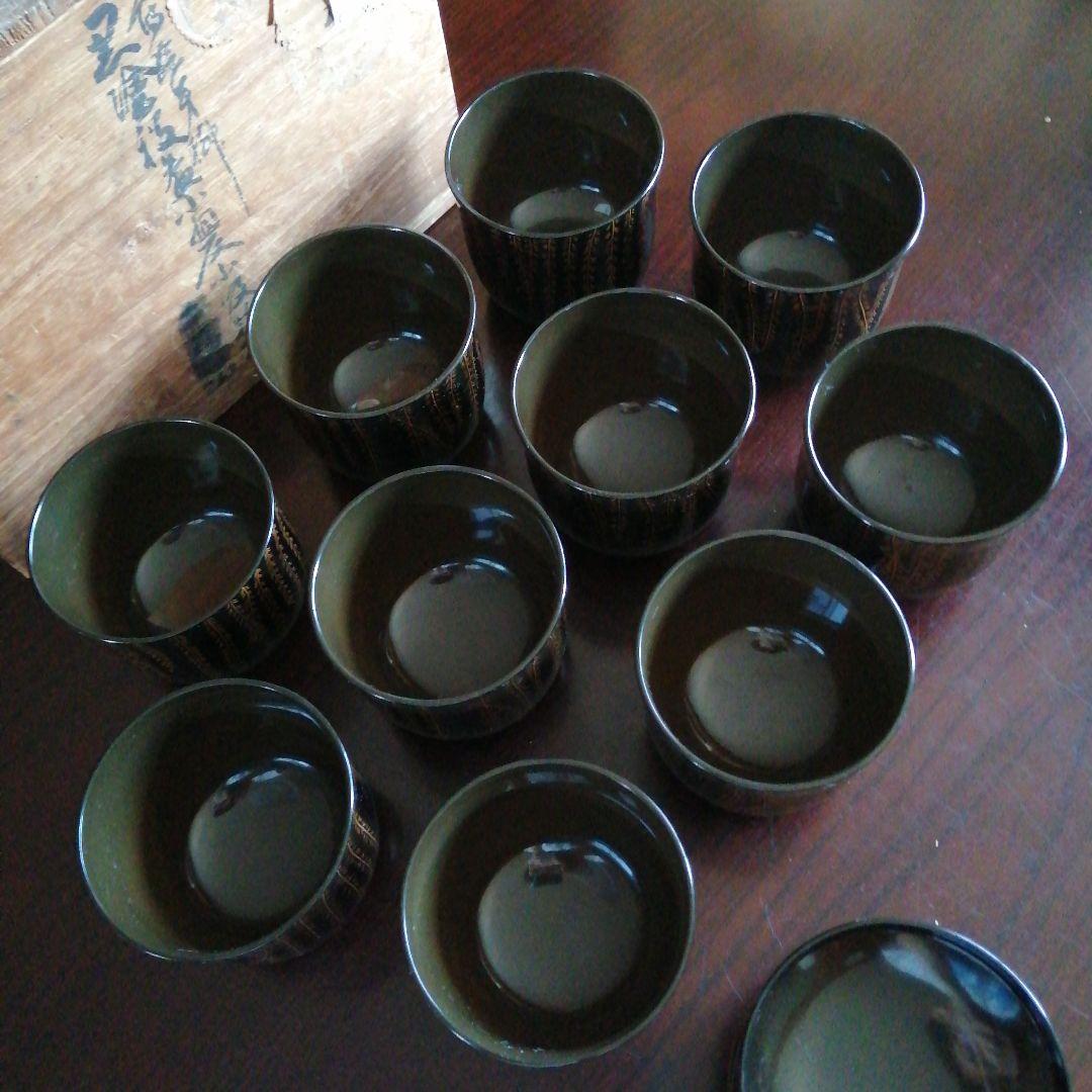 輪島塗　大崎庄右衛門　竹園自耕　金蒔絵枝垂柳紋吸物椀　10客　9cm　昭和中期