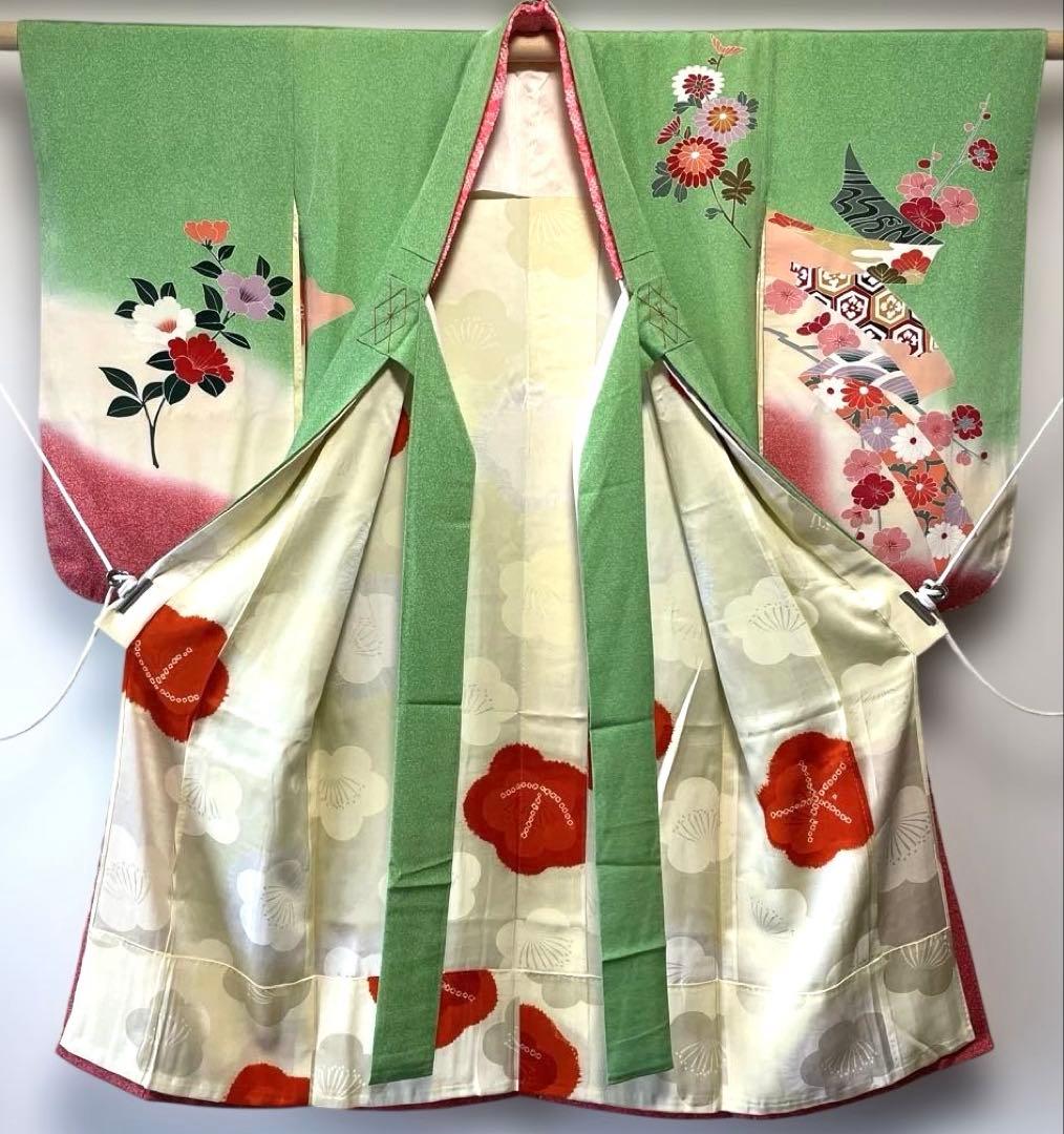 □七五三7歳　正絹女児用振り袖着物　正絹襦袢付　おしどり　緑系