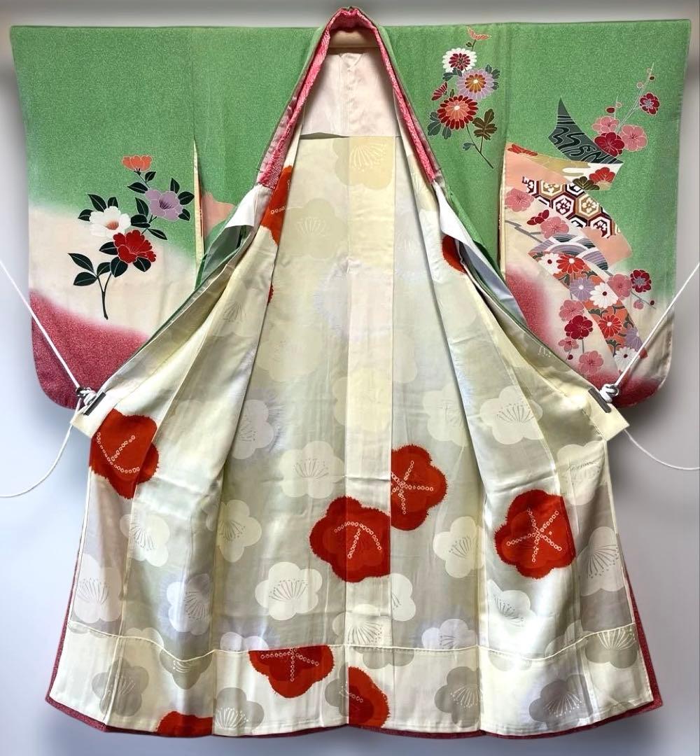 □七五三7歳　正絹女児用振り袖着物　正絹襦袢付　おしどり　緑系