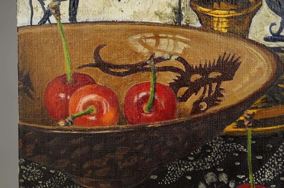 玉之内満雄　1994年作　「デルフトタイルの前のさくらんぼ」　油絵　真作保証