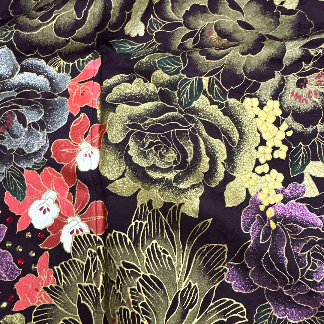 桂由美 落款あり 薔薇 蝶 ラインストーン 赤×紫×金 振袖