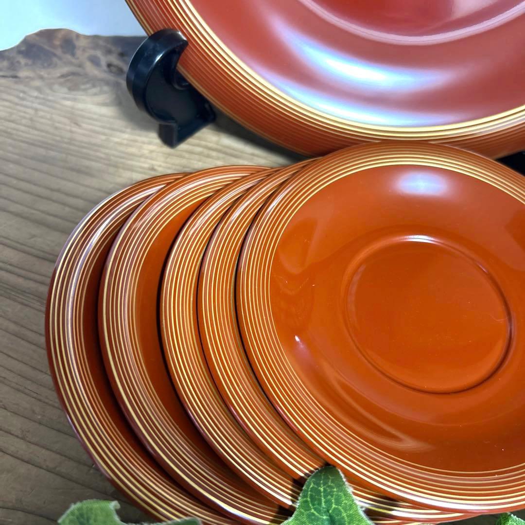 新品　京都老舗漆器　平安象彦　天然木塗　朱塗　金線菓子盆　金線茶托5枚　和モダン