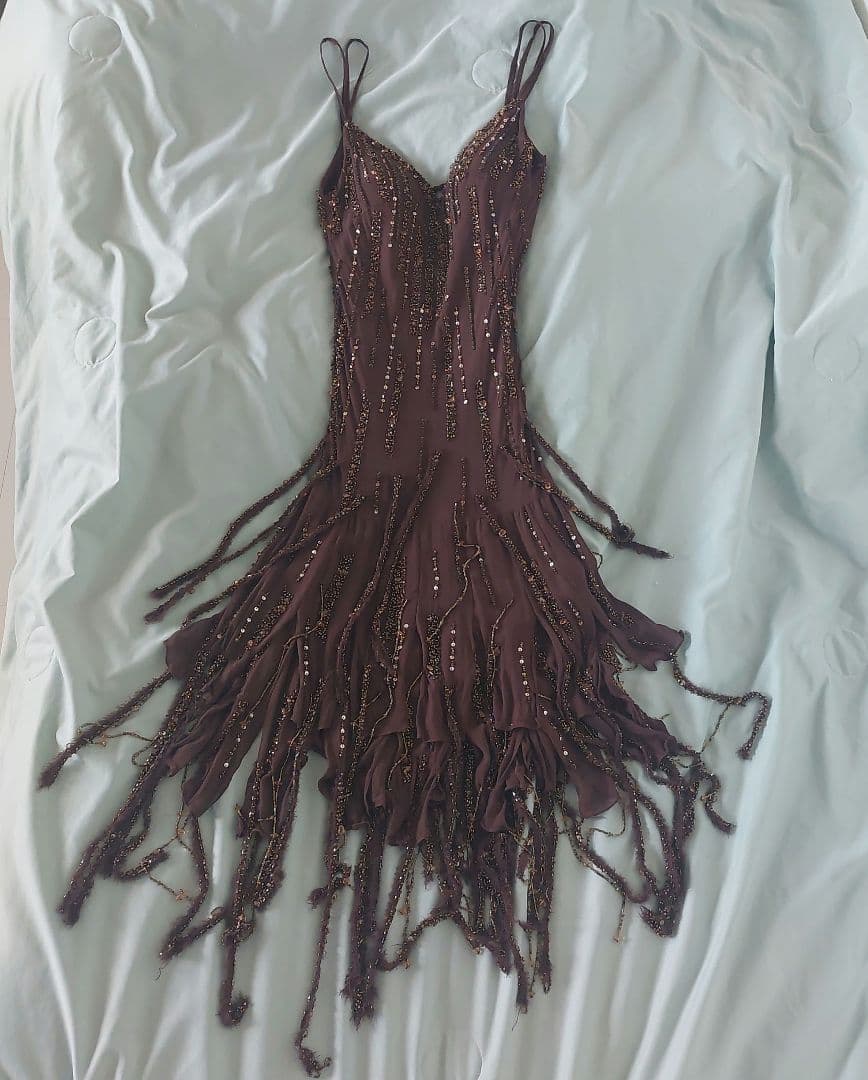 スーウォン ブラウン フリンジビーズスパンコール パーティードレス