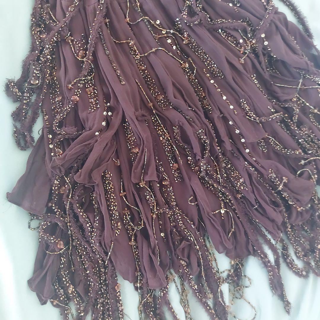 スーウォン ブラウン フリンジビーズスパンコール パーティードレス