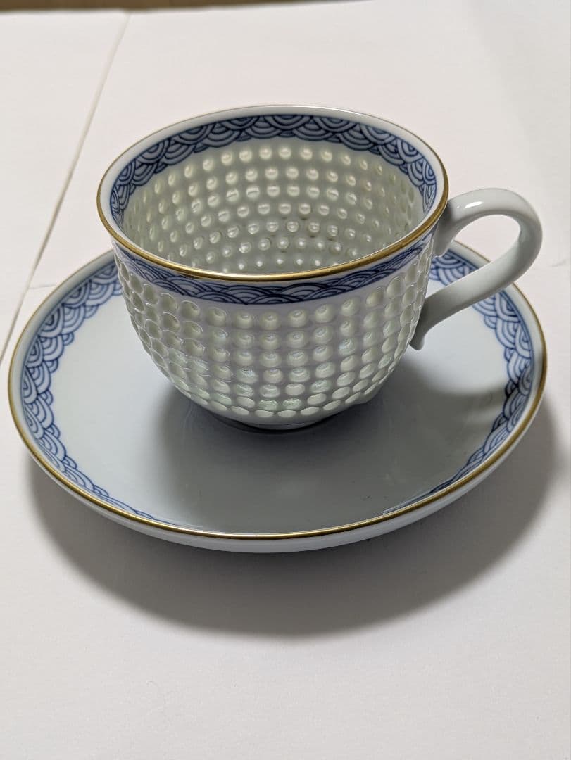 波佐見焼、丹心窯、フリーカップ、カップ＆ソーサー、水晶彫、青海波、箱無