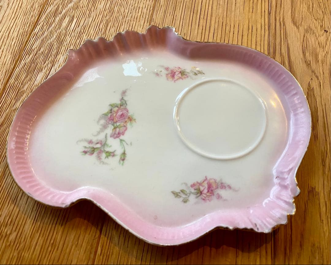 フランスアンティーク ローズのプレート オールドリモージュ ピンクフリンジ