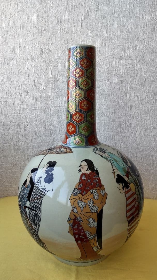 円左エ門　花瓶　鶴首瓶　有田焼　染錦　壺