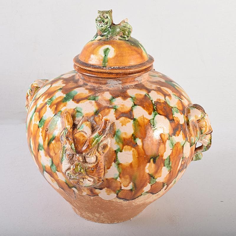 中国　唐三彩　獅子摘　双耳壷　C　R8549B