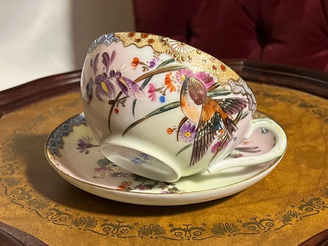 島村製　ジャポニズム　金彩　花と雀　カップとソーサー セット