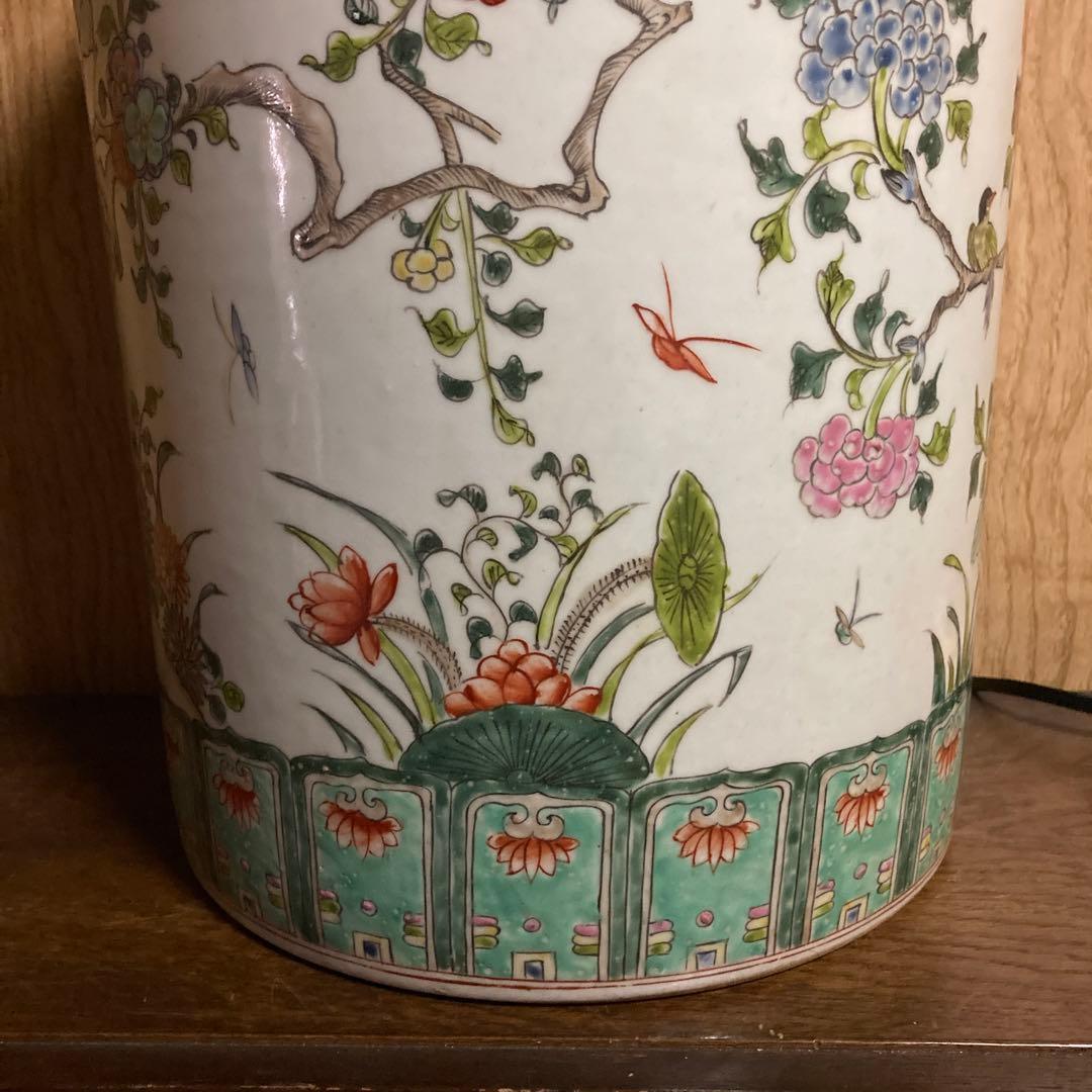 中国　色絵　粉彩　筒瓶　花鳥図　大明嘉靖年製