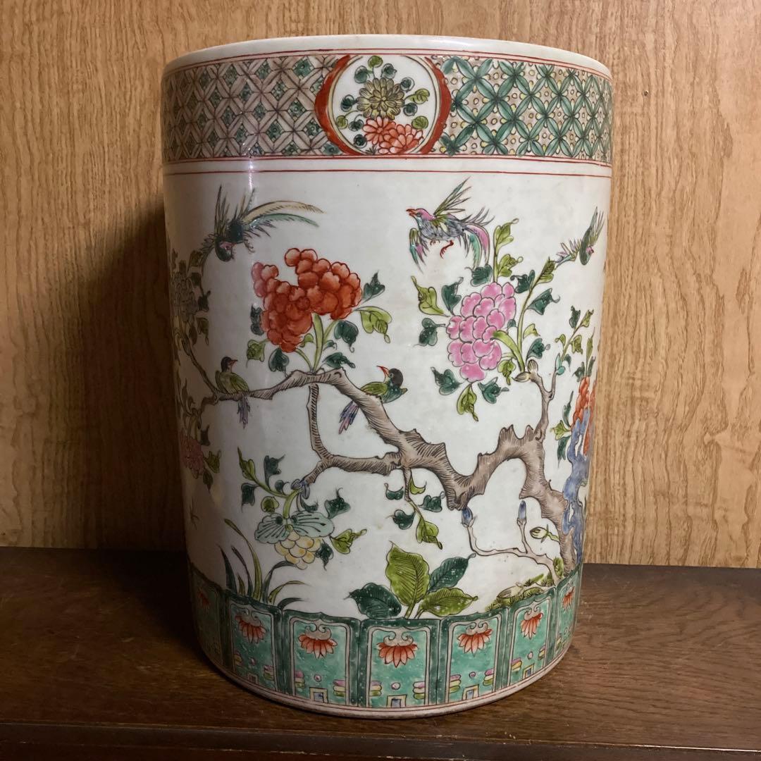 中国　色絵　粉彩　筒瓶　花鳥図　大明嘉靖年製