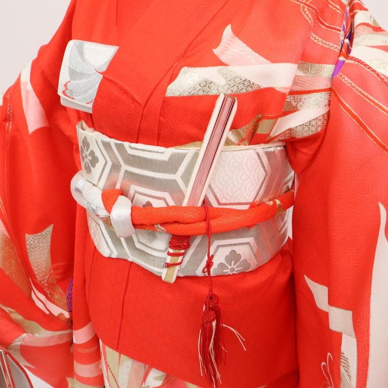 七五三着物11点セット7歳 女の子　束ね熨斗に鞠　子供着物　赤 化繊 11RR2