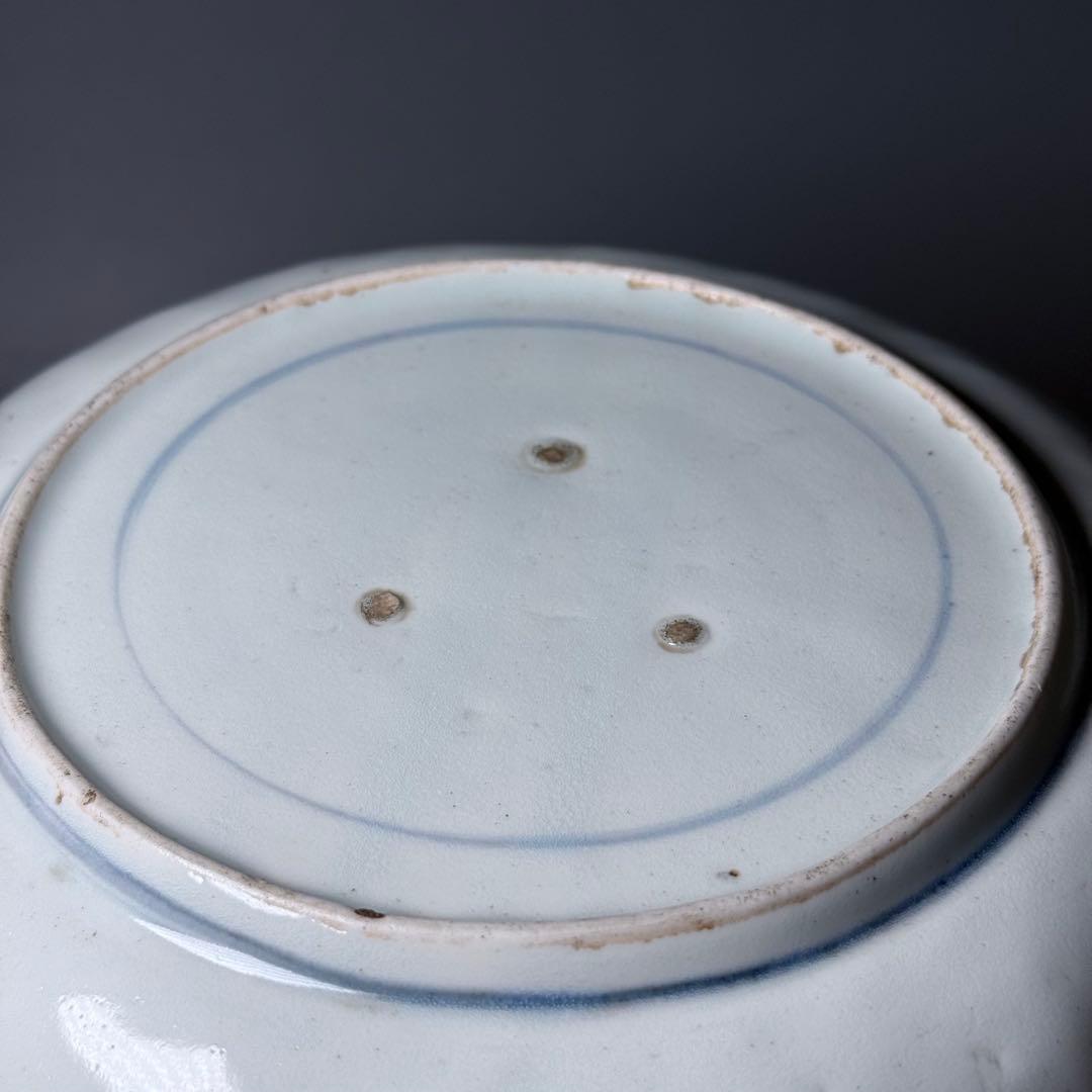 1600年代　初期手　藍九谷　染付舟人物葦雁文七寸皿　芝コレ　同手文化館収蔵