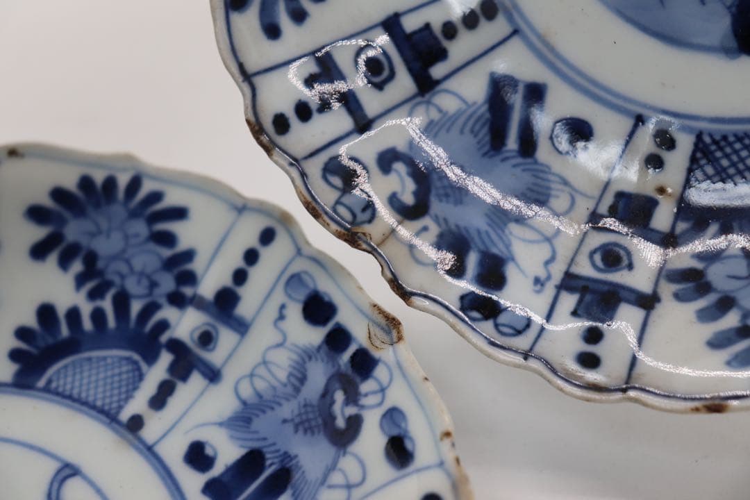 中国　明時代　染付花卉昆虫紋花口皿4点　送料込み0201