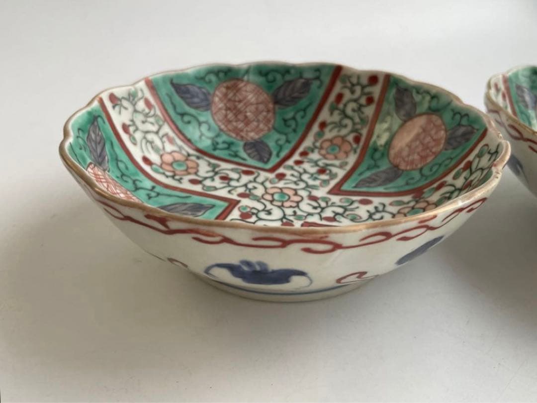 骨董　アンティーク　古伊万里　色絵　花唐草文様　膾皿　なます皿　2枚