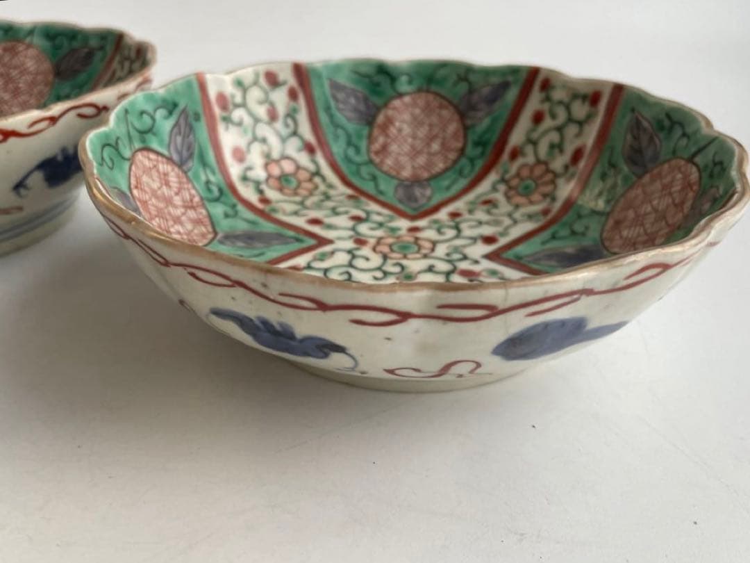 骨董　アンティーク　古伊万里　色絵　花唐草文様　膾皿　なます皿　2枚