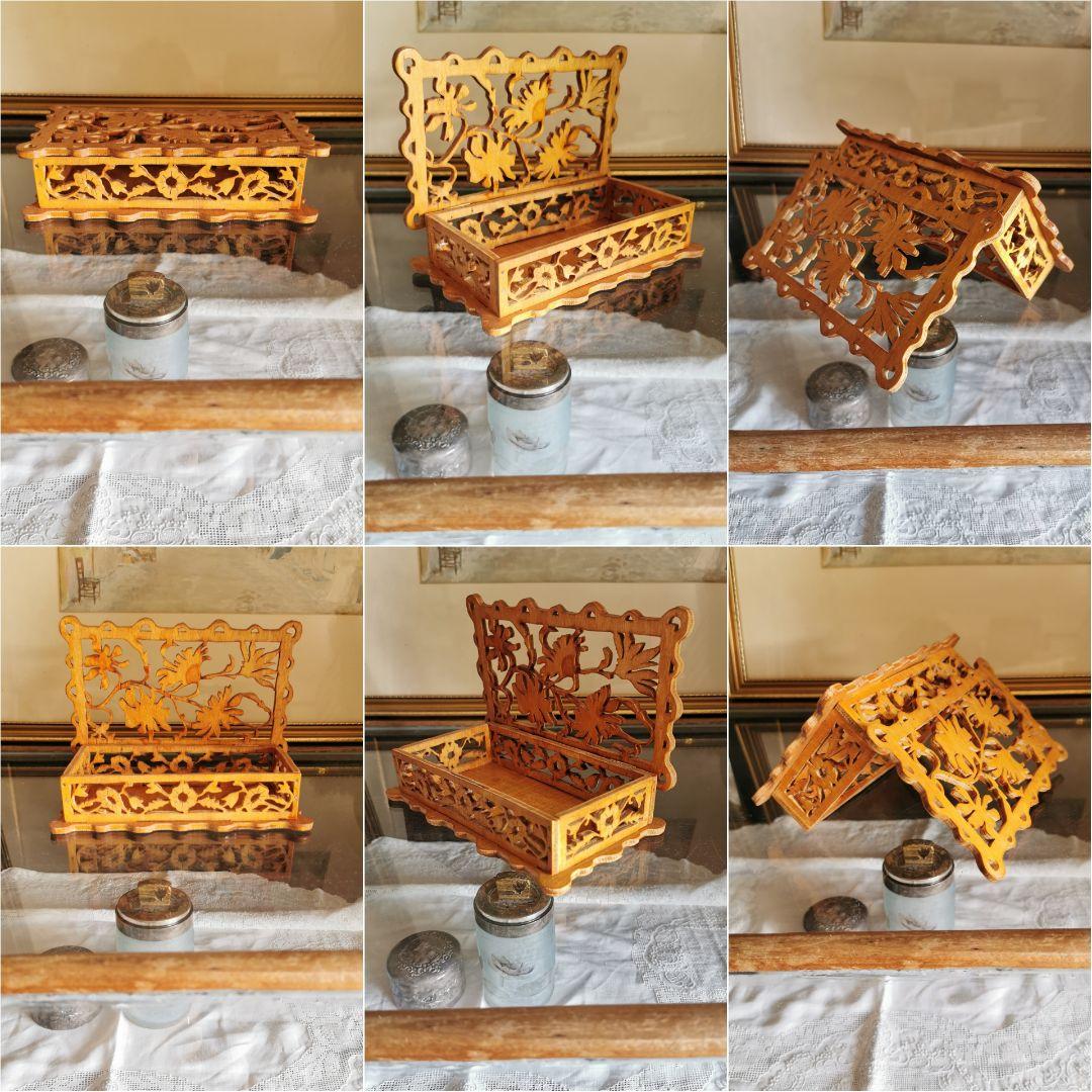 アンティークベルギー 透かし五面草花紋彫 木製小箱 小物入れ アール・ヌーヴォー