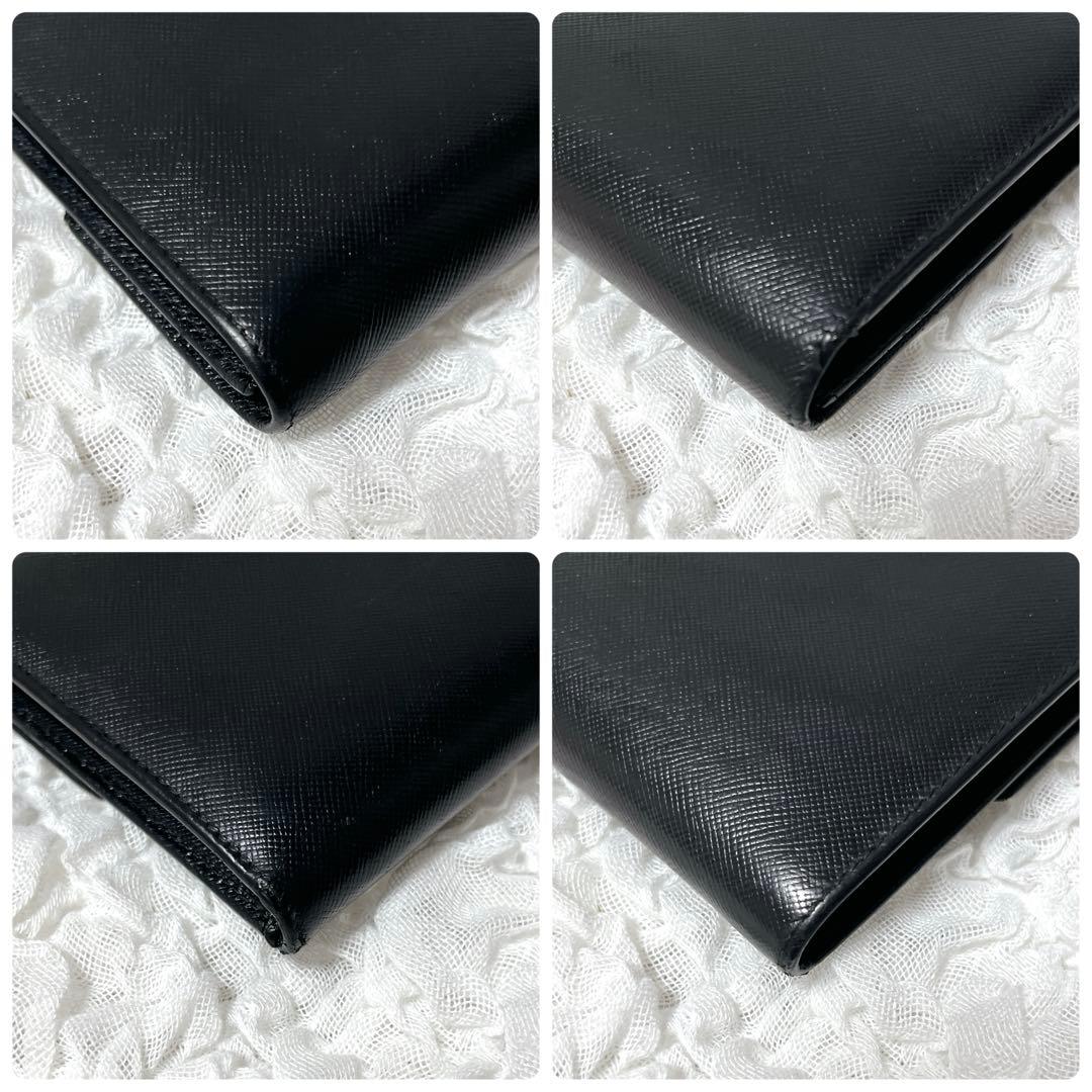 美品✨プラダ　三つ折り財布　サフィアーノ　レザー　三角ロゴ　プレート　ブラック