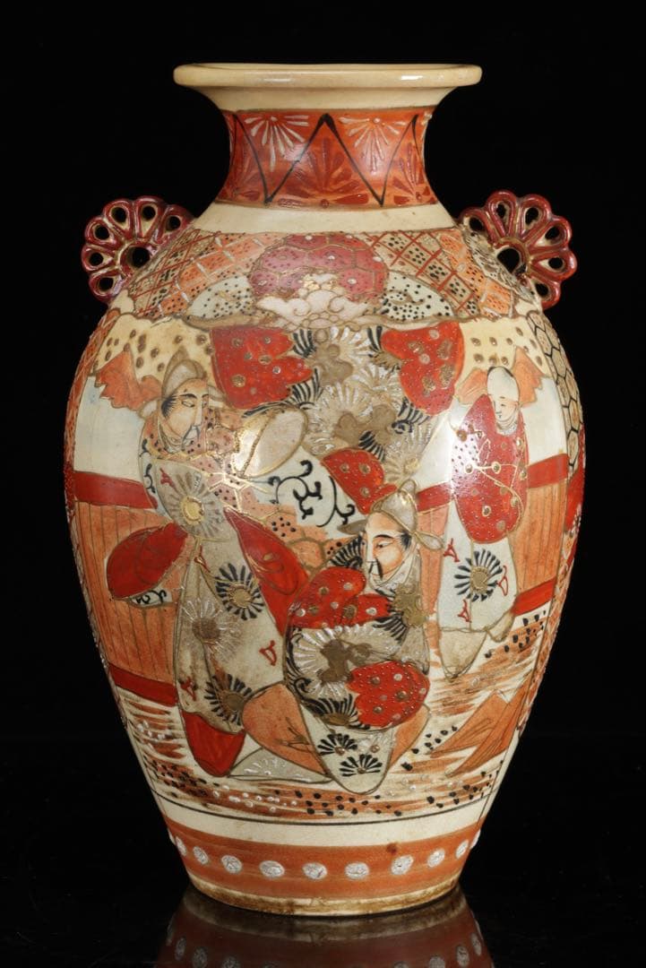 九谷焼 古九谷 赤絵金彩人物図双耳花瓶 飾壺 29㎝ 共箱 時代 古美術 骨董品