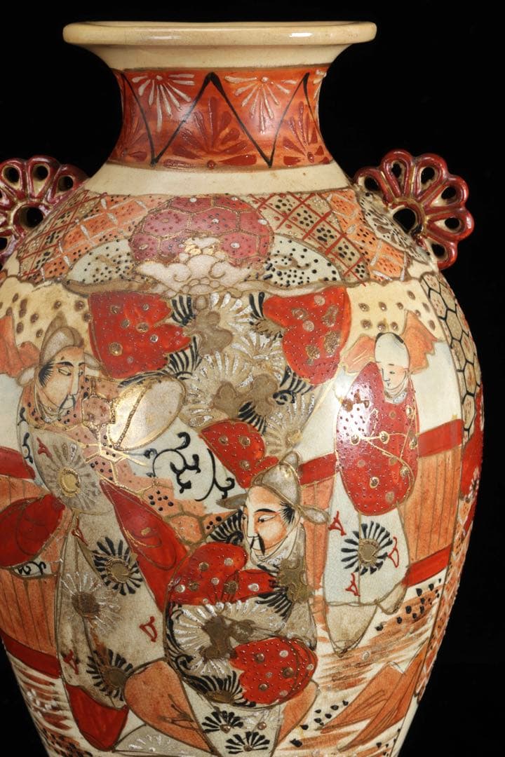 九谷焼 古九谷 赤絵金彩人物図双耳花瓶 飾壺 29㎝ 共箱 時代 古美術 骨董品
