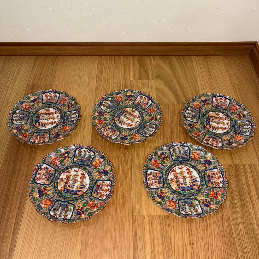 古伊万里写色絵金襴手南蛮船南蛮人図大皿 在銘　陶扇31cm 5枚