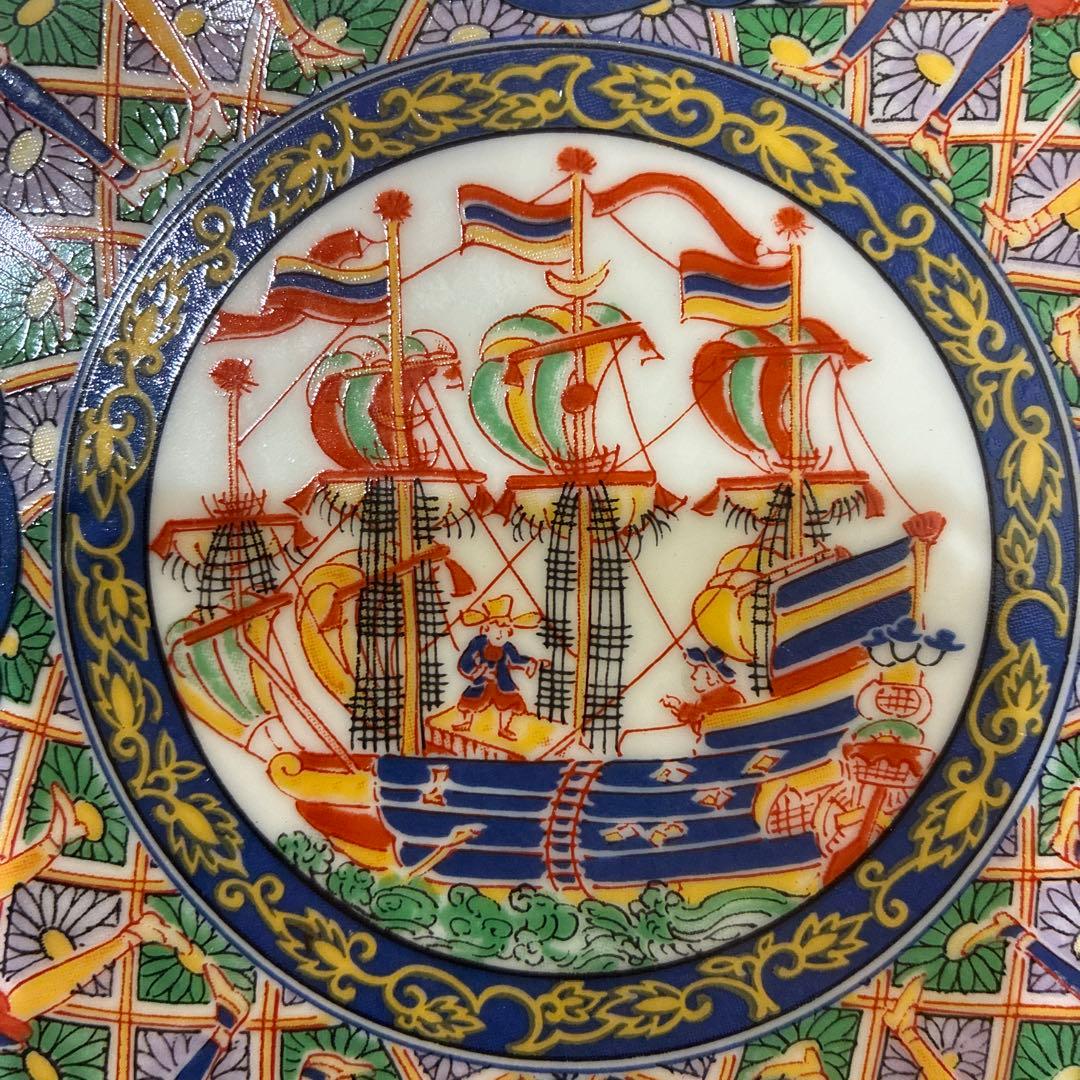 古伊万里写色絵金襴手南蛮船南蛮人図大皿 在銘　陶扇31cm 5枚