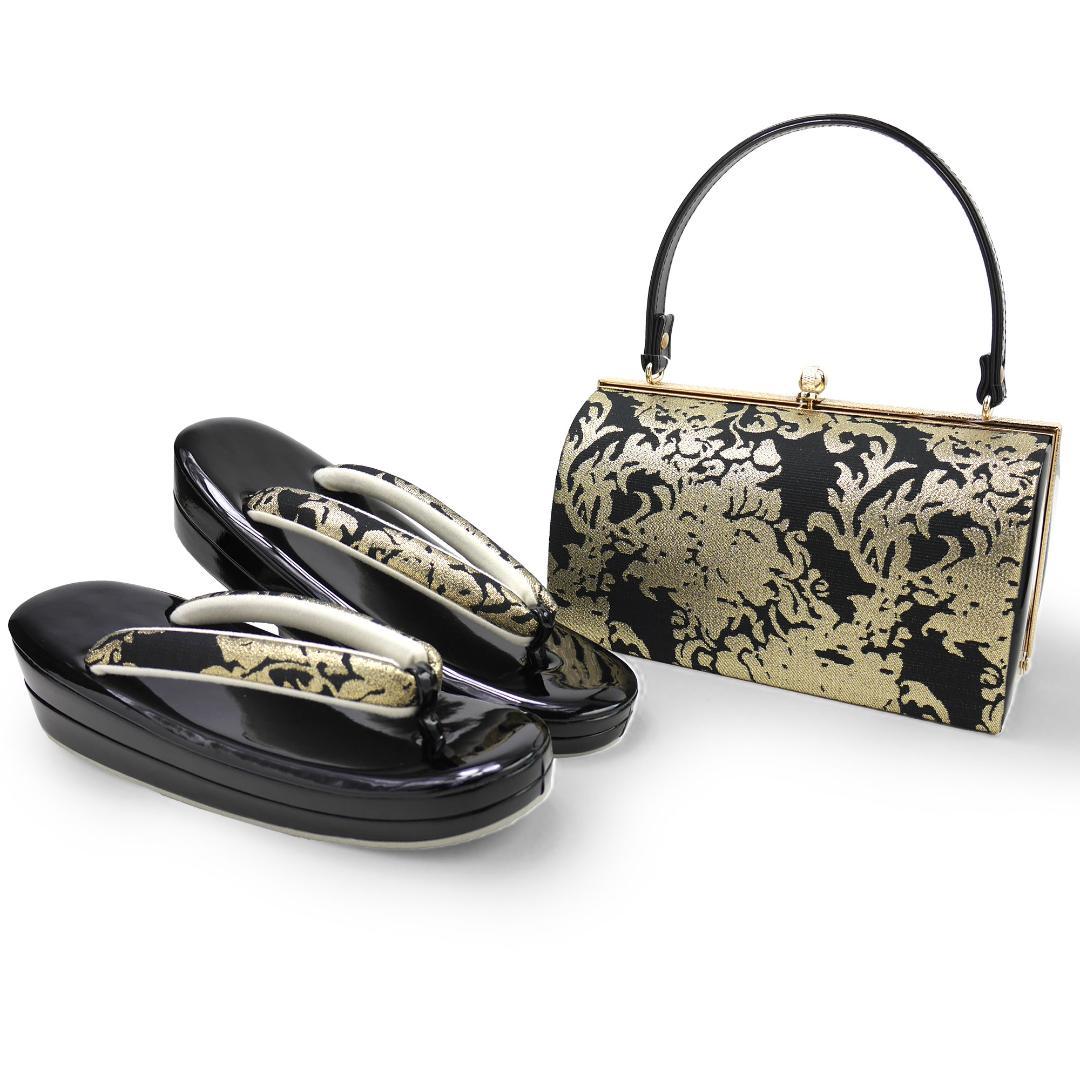 草履バッグセット 帯地 振袖 成人式 結婚 留袖 黒 金 uzouri114-1